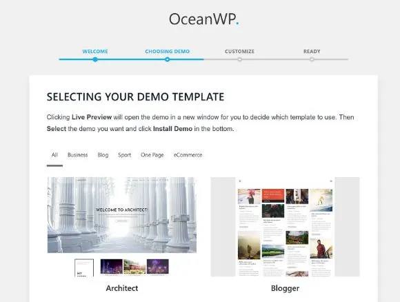 OceanWP Theme demo templates installation